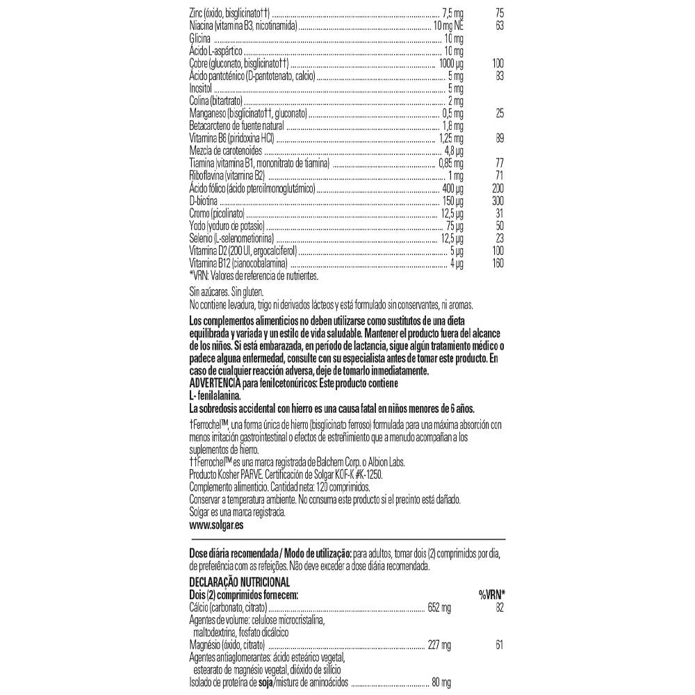 Solgar Nutrientes Prenatales, 120 comprimidos: detalle del envase y etiquetado, vista lateral
