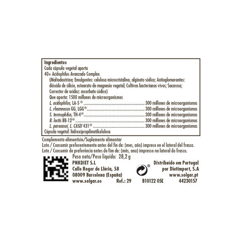Solgar Advanced 40+ Acidophilus, 120 cápsulas vegetales: etiqueta con ingredientes y modo de empleo