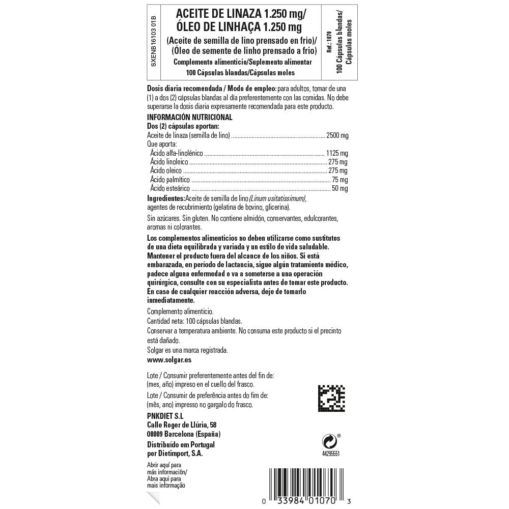 Solgar Aceite de Linaza 1250 mg, 100 cápsulas blandas: etiqueta con ingredientes y modo de empleo