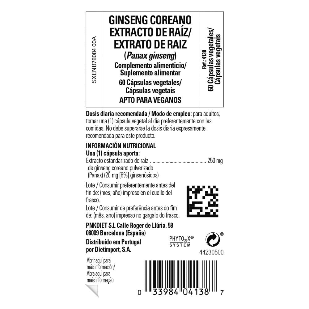Solgar Ginseng Coreano Extracto de Raíz, 60 cápsulas vegetales: etiqueta con ingredientes y modo de empleo