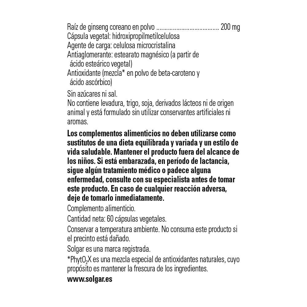Solgar Ginseng Coreano Extracto de Raíz, 60 cápsulas vegetales: detalle del envase y etiquetado, vista lateral