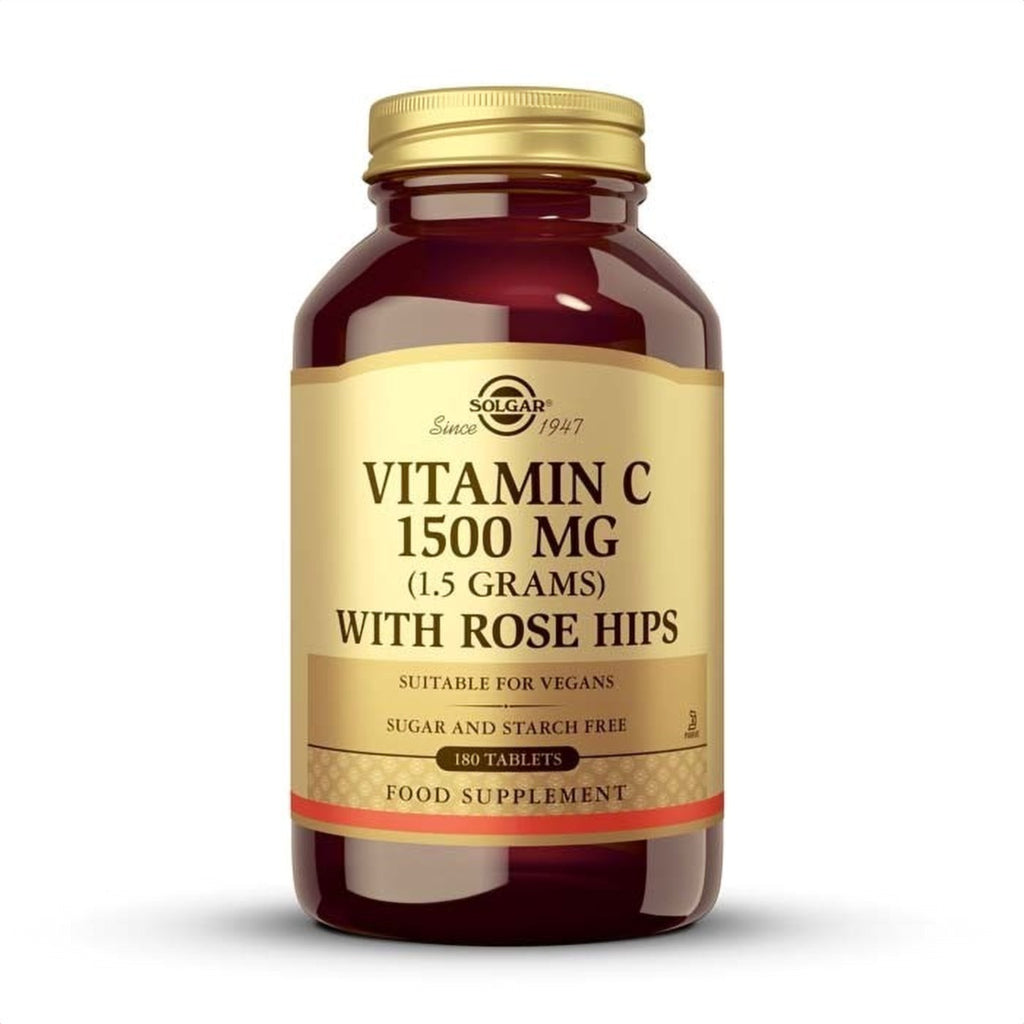 Solgar Rose Hips Vitamina C 1500 mg con Escaramujo, 180 comprimidos: envase, vista frontal