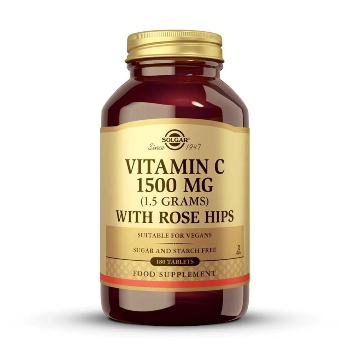 Solgar Rose Hips Vitamina C 1500 mg con Escaramujo, 180 comprimidos: envase, vista frontal