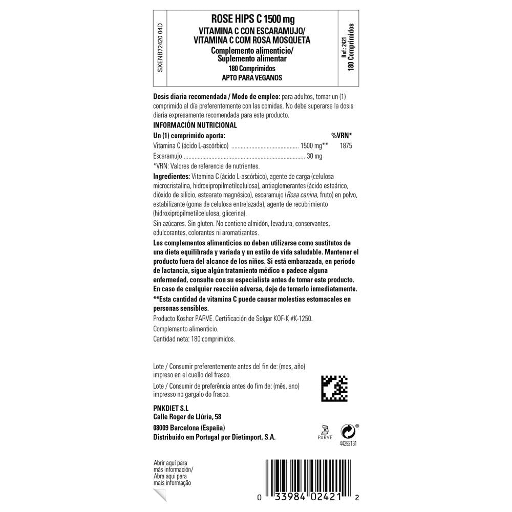 Solgar Rose Hips Vitamina C 1500 mg con Escaramujo, 180 comprimidos: etiqueta con ingredientes y modo de empleo
