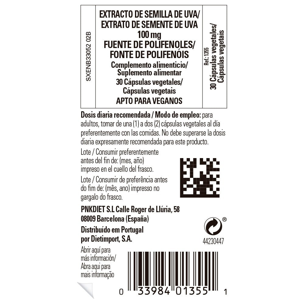 Solgar Extracto de Semilla de Uva 100 mg, 30 cápsulas vegetales: etiqueta con ingredientes y modo de empleo