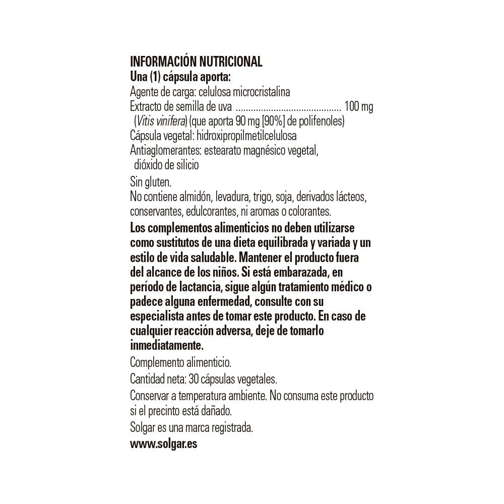 Solgar Extracto de Semilla de Uva 100 mg, 30 cápsulas vegetales: detalle del envase y etiquetado, vista lateral