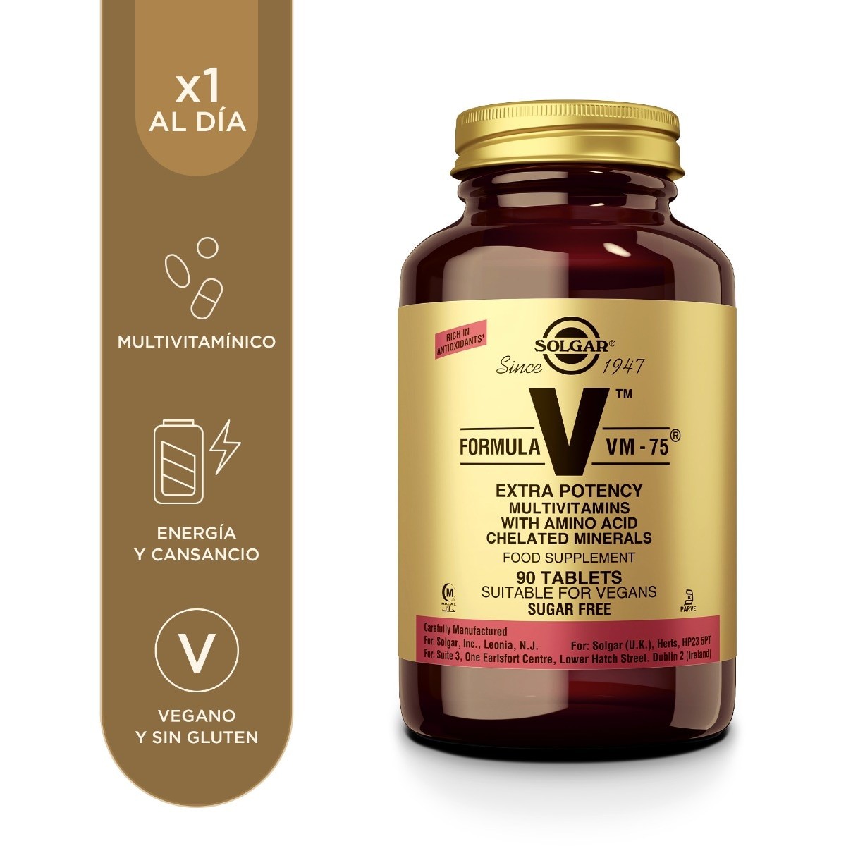 Solgar Fórmula VM-75® Multivitamínico y Minerales, 90 comprimidos: envase, vista frontal