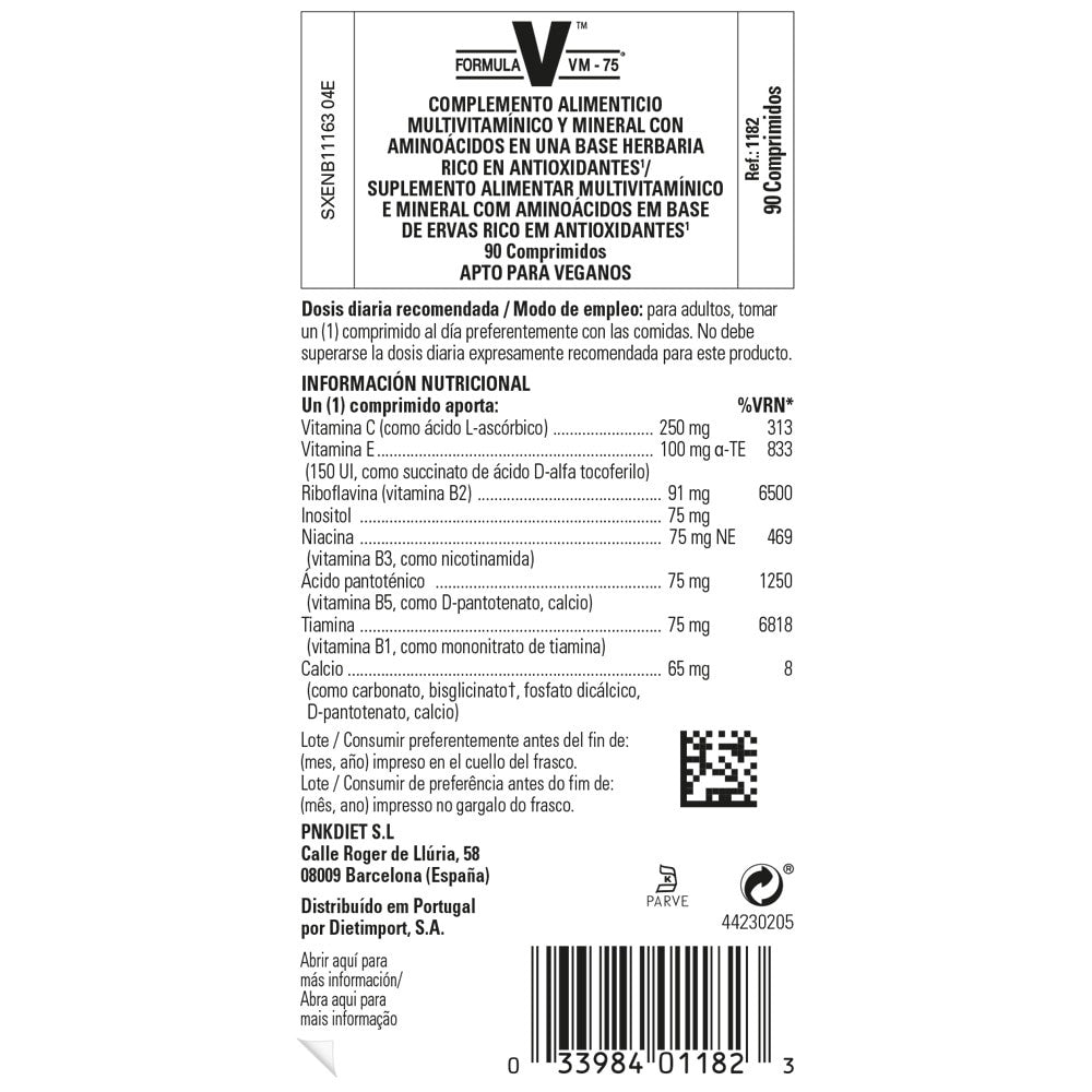 Solgar Fórmula VM-75® Multivitamínico y Minerales, 90 comprimidos: etiqueta con ingredientes y modo de empleo