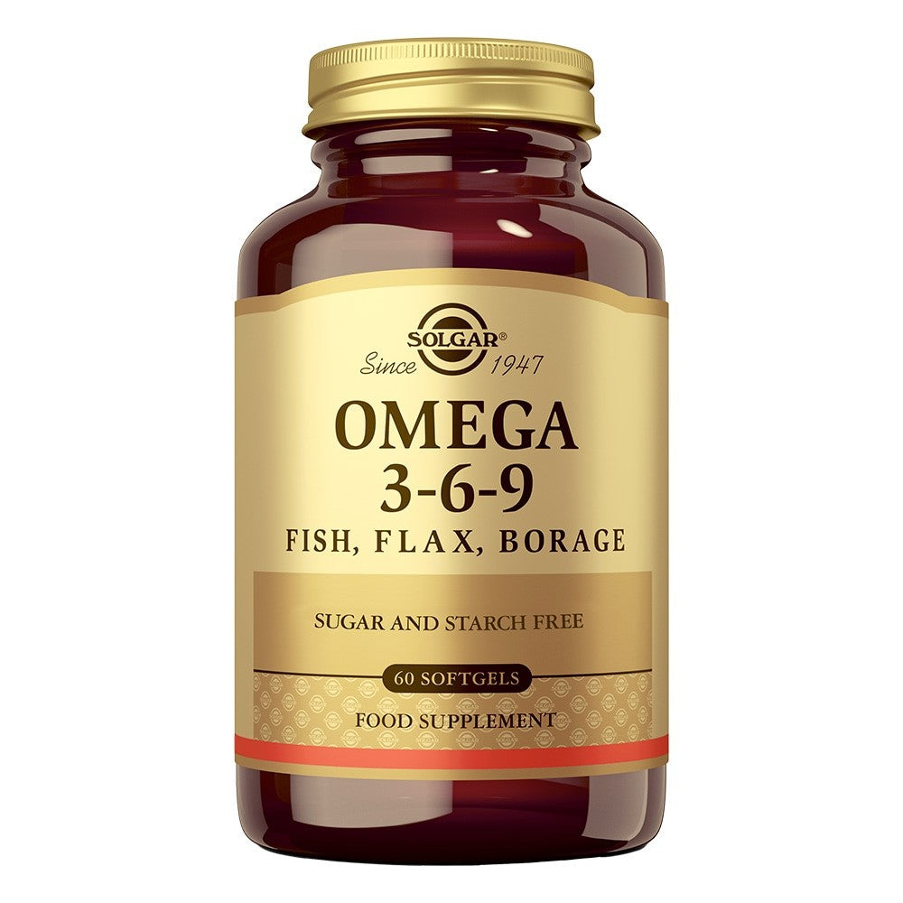 Solgar Omega 3-6-9 Aceite de Pescado, Lino y Borraja, 60 perlas: envase, vista frontal