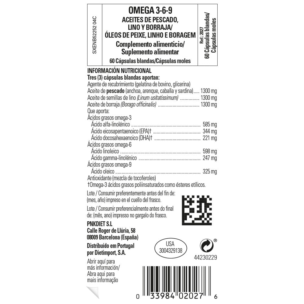 Solgar Omega 3-6-9 Aceite de Pescado, Lino y Borraja, 60 perlas: etiqueta con ingredientes y modo de empleo