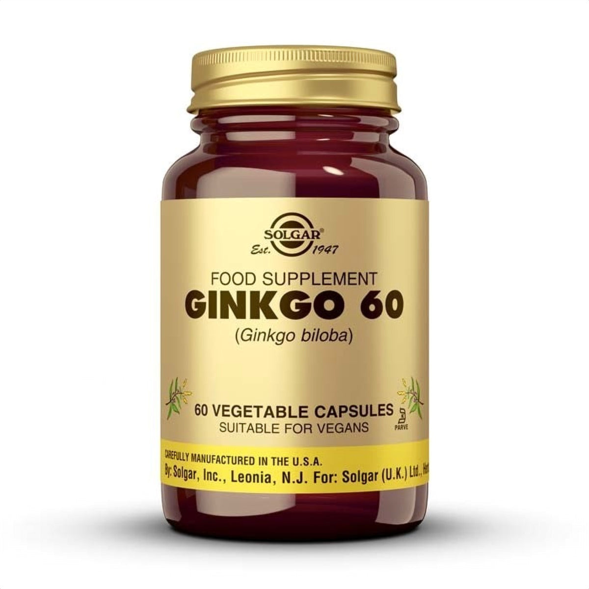 Solgar Ginkgo 60, 60 cápsulas vegetales: envase, vista frontal