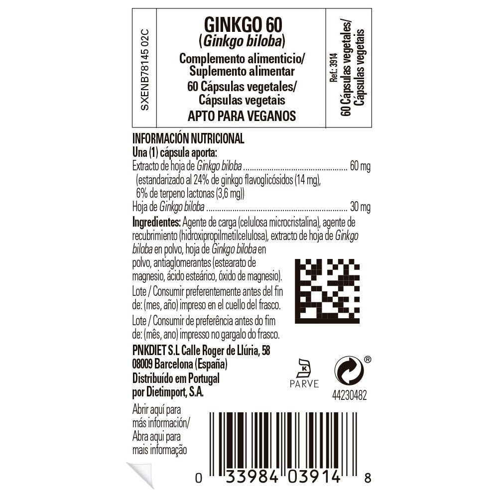 Solgar Ginkgo 60, 60 cápsulas vegetales: etiqueta con ingredientes y modo de empleo