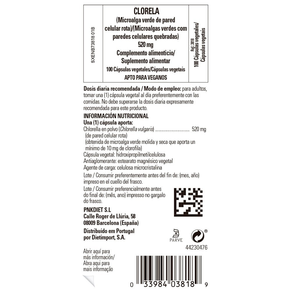 Solgar Clorella 520 mg, 100 cápsulas vegetales: etiqueta con ingredientes y modo de empleo