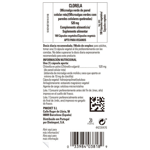 Solgar Clorella 520 mg, 100 cápsulas vegetales: etiqueta con ingredientes y modo de empleo