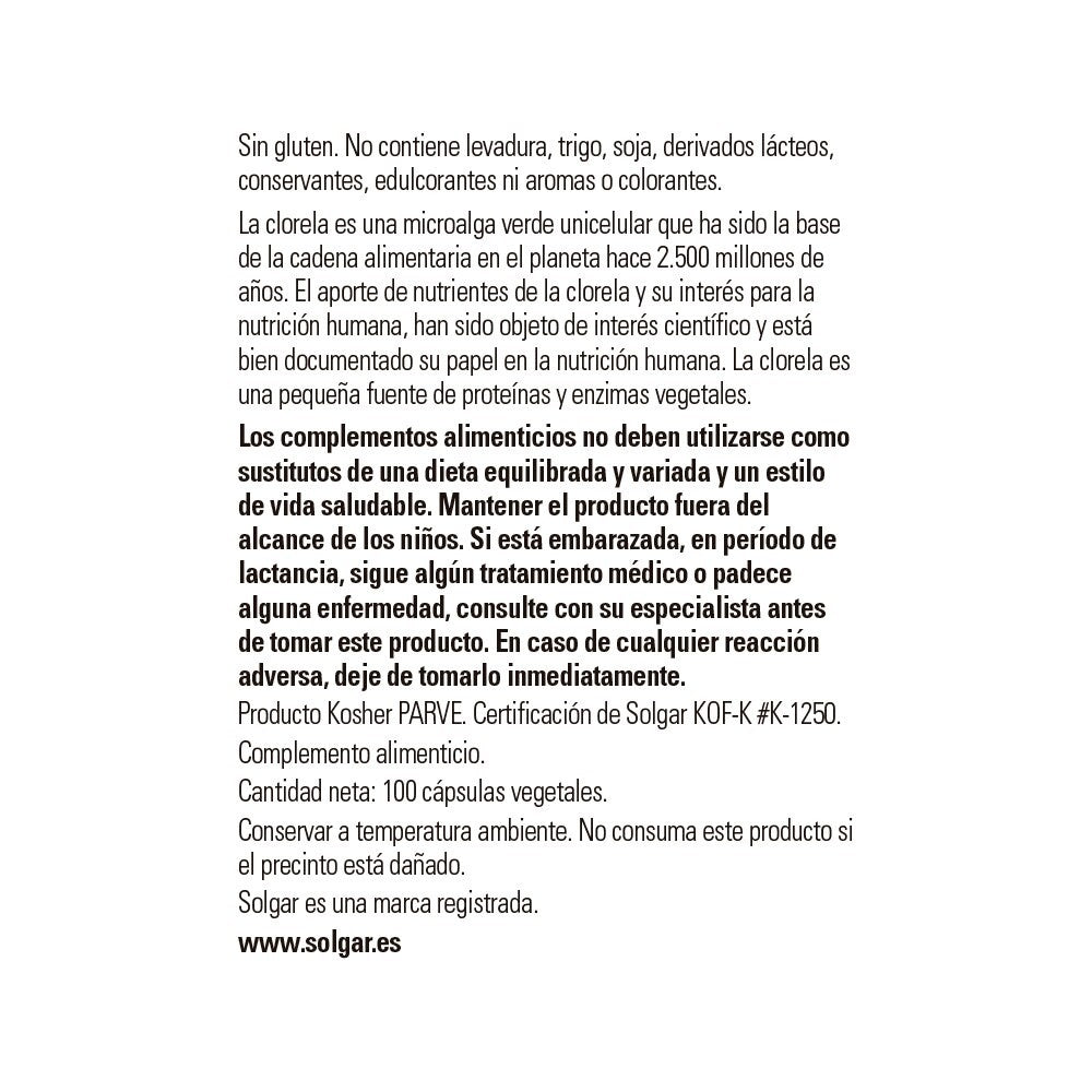 Solgar Clorella 520 mg, 100 cápsulas vegetales: detalle del envase y etiquetado, vista lateral