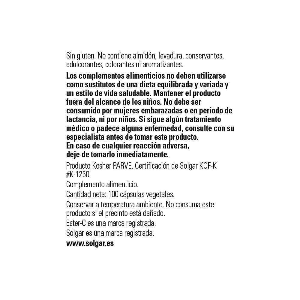 Solgar Quercitina Complex con Ester-C® Plus, 100 cápsulas vegetales: detalle del envase y etiquetado, vista lateral
