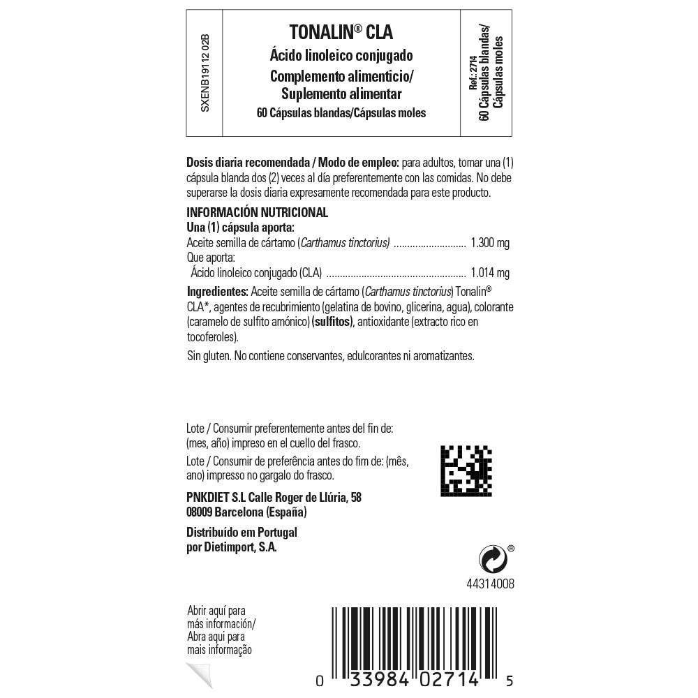 Solgar Tonalin® CLA Ácido Linoleico Conjugado, 60 perlas: etiqueta con ingredientes y modo de empleo