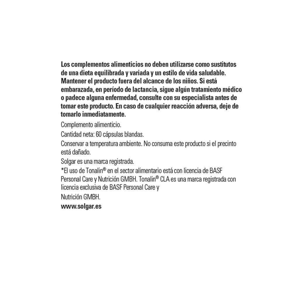 Solgar Tonalin® CLA Ácido Linoleico Conjugado, 60 perlas: detalle del envase y etiquetado, vista lateral