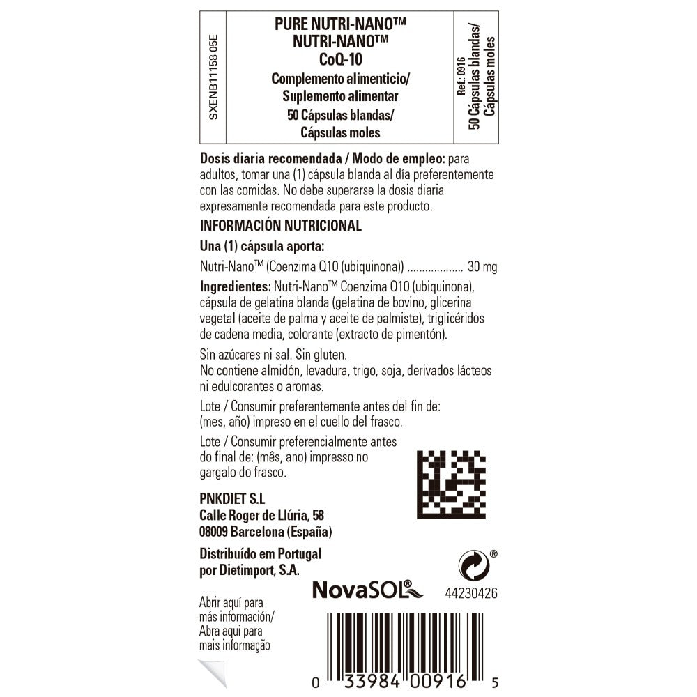 Solgar Nutri-Nano CoQ-10 Coenzima Q10 Micelada, 50 perlas: etiqueta con ingredientes y modo de empleo