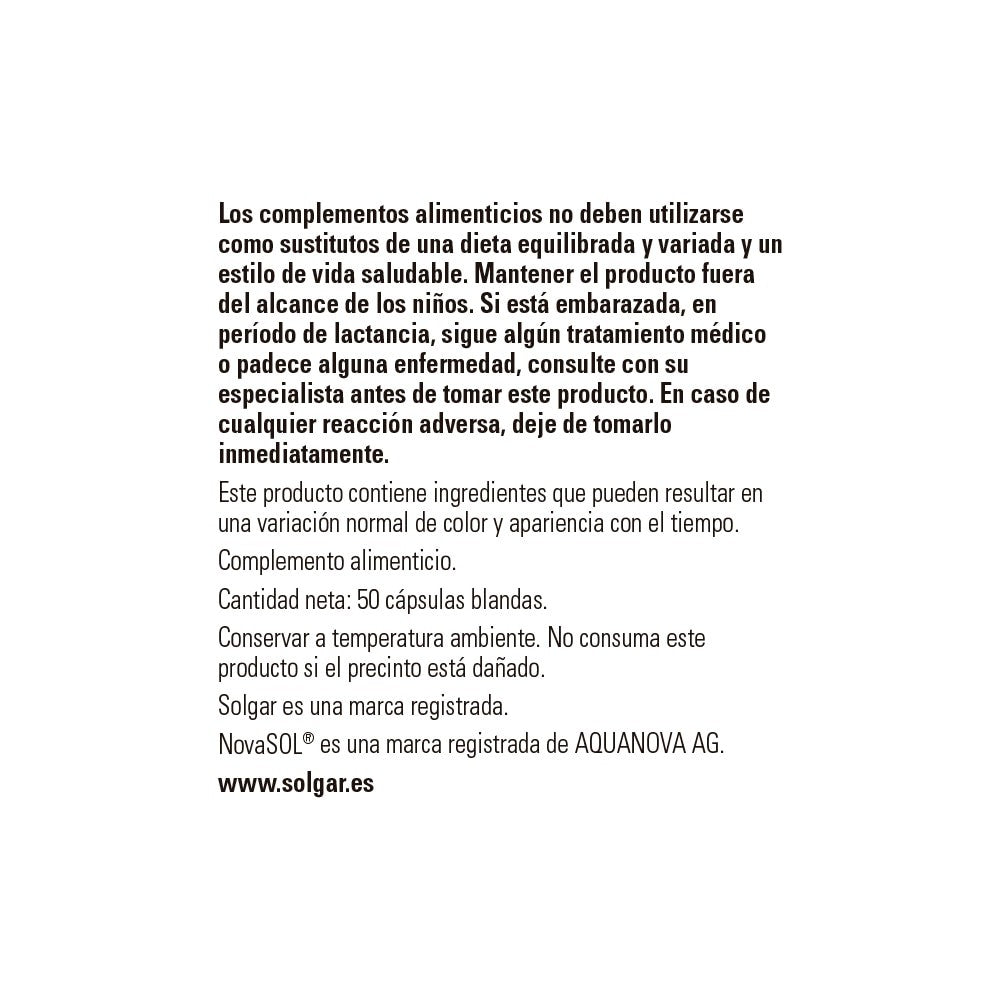Solgar Nutri-Nano CoQ-10 Coenzima Q10 Micelada, 50 perlas: detalle del envase y etiquetado, vista lateral