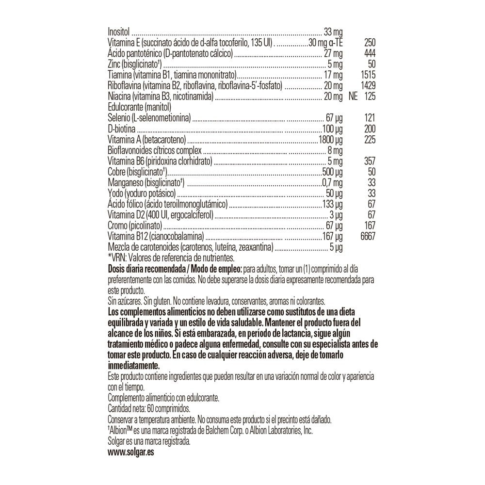 Solgar Male Múltiple Multivitamínico para Hombre, 60 comprimidos: etiqueta con ingredientes y modo de empleo