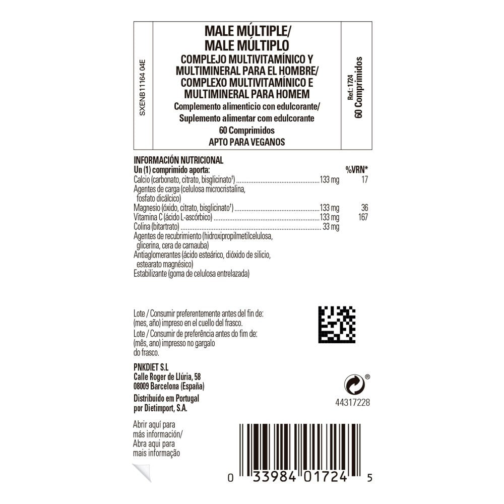 Solgar Male Múltiple Multivitamínico para Hombre, 60 comprimidos: detalle del envase y etiquetado, vista lateral