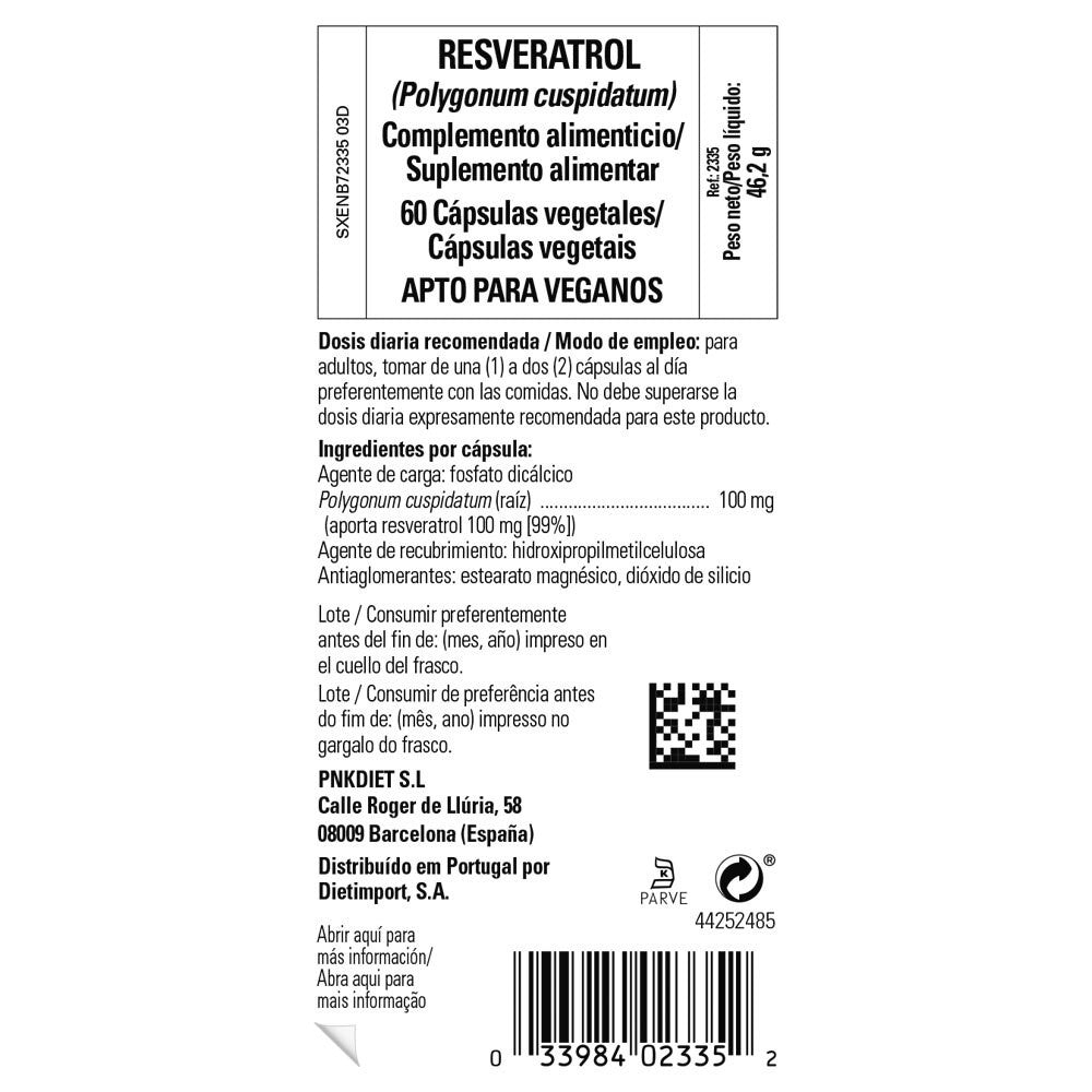 Solgar Resveratrol 100 mg, 60 cápsulas vegetales: etiqueta con ingredientes y modo de empleo