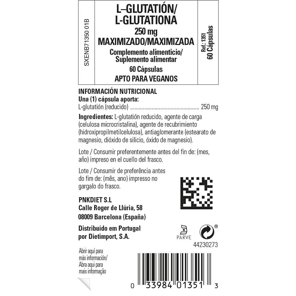 Solgar L-Glutatión 250 mg, 60 cápsulas vegetales: etiqueta con ingredientes y modo de empleo