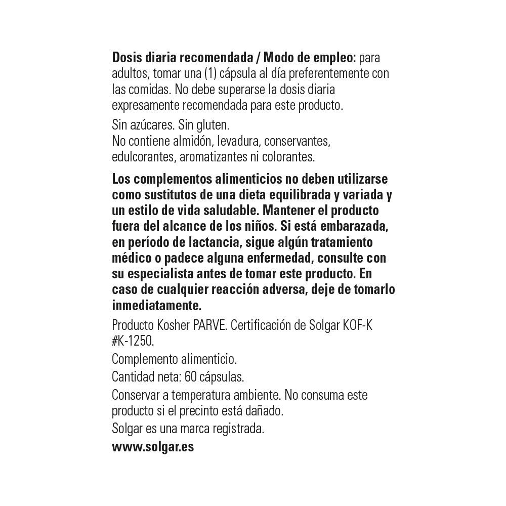 Solgar L-Glutatión 250 mg, 60 cápsulas vegetales: detalle del envase y etiquetado, vista lateral