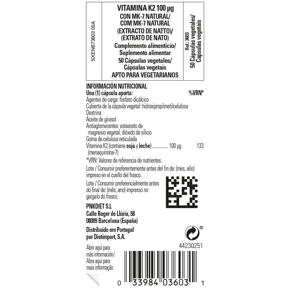 Solgar Vitamina K2 100 µg, 50 cápsulas vegetales: etiqueta con ingredientes y modo de empleo