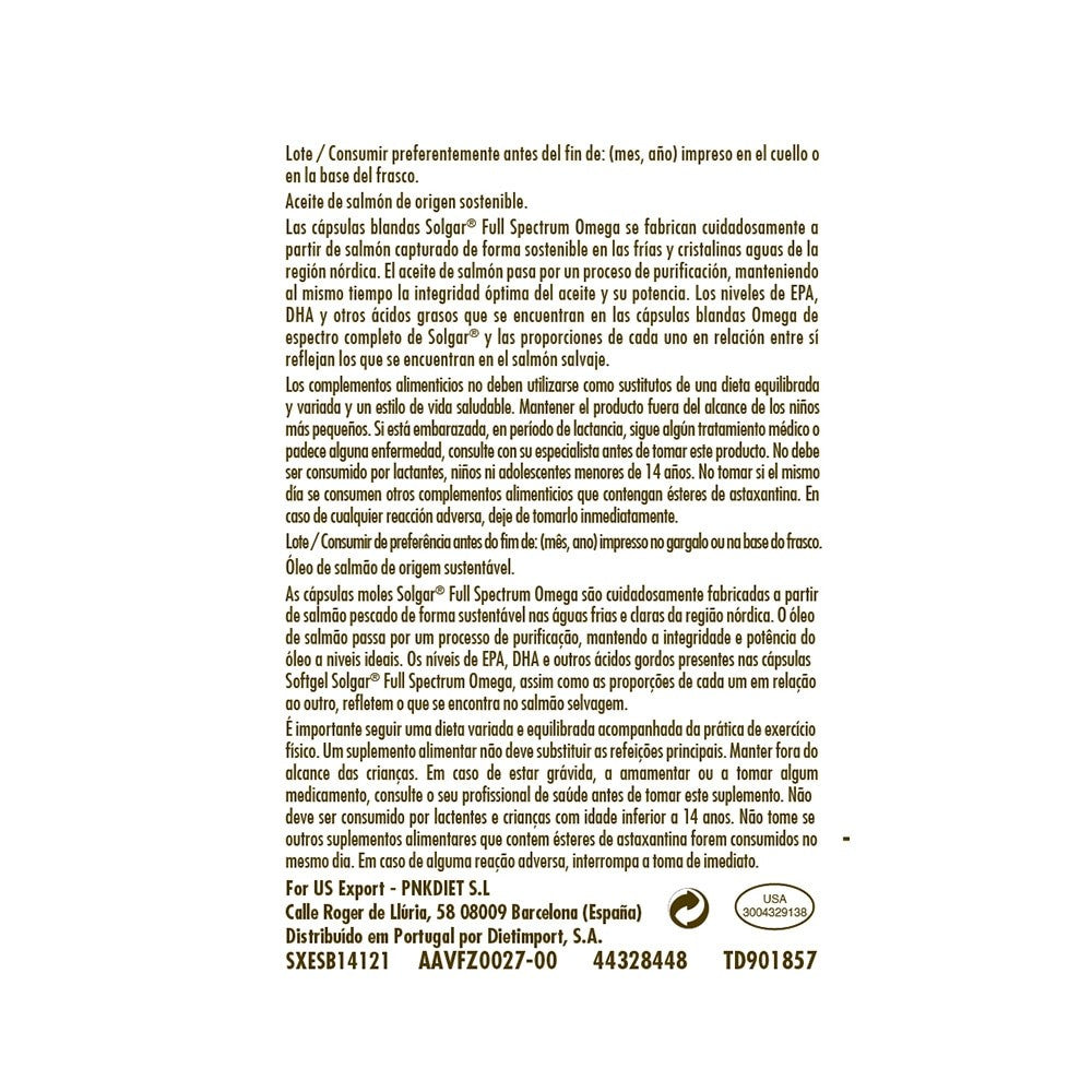 Solgar Full Spectrum Omega Salmon Oil®, 120 cápsulas blandas: etiqueta con ingredientes y modo de empleo