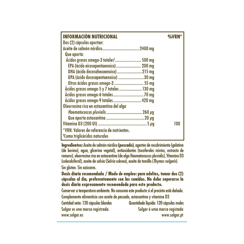 Solgar Full Spectrum Omega Salmon Oil®, 120 cápsulas blandas: detalle del envase y etiquetado, vista lateral