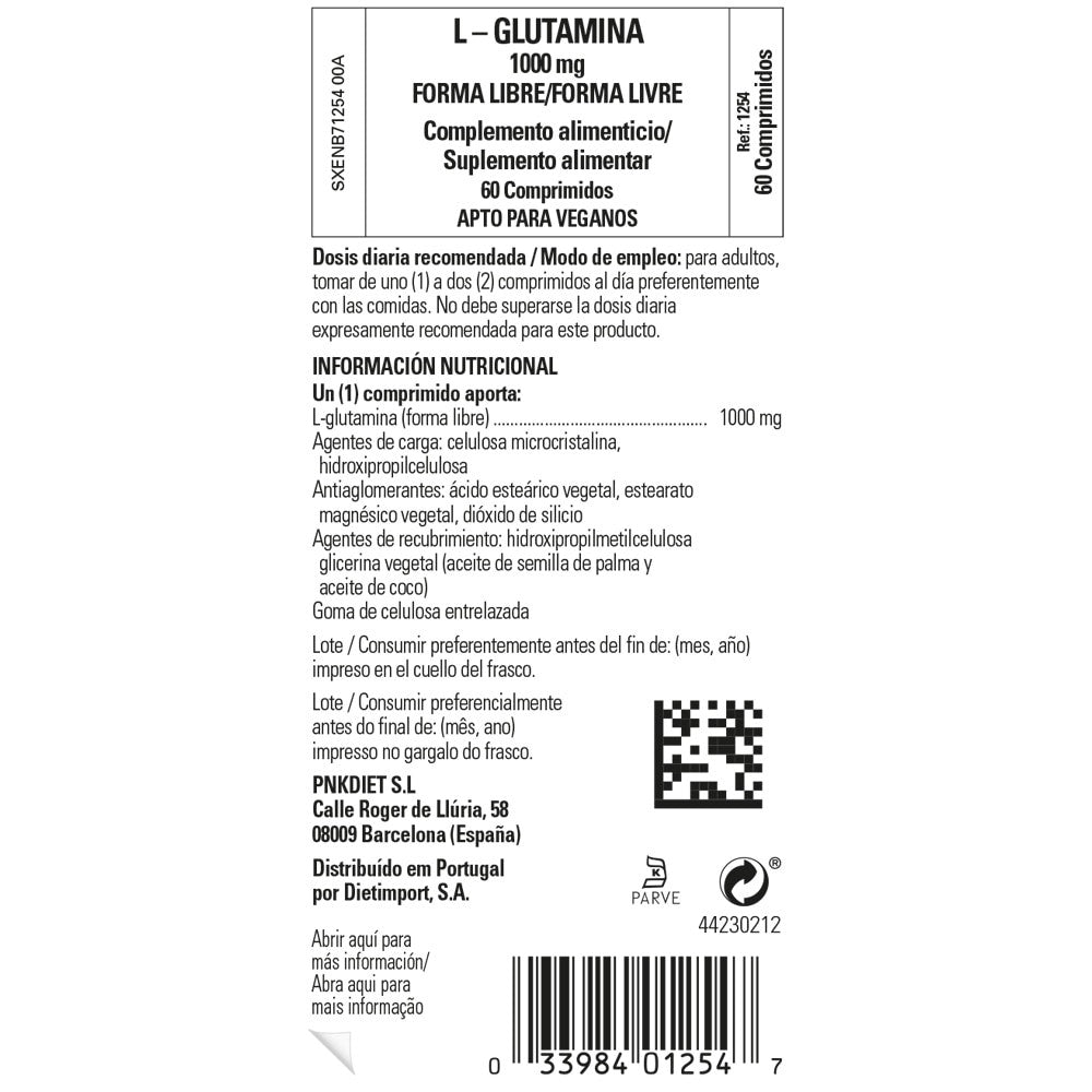 Solgar L-Glutamina 1000 mg, 60 comprimidos: etiqueta con ingredientes y modo de empleo