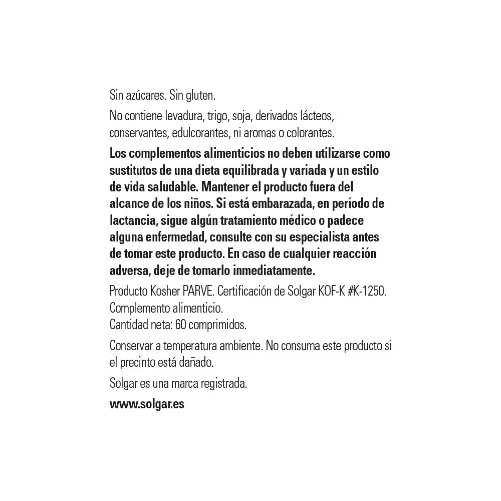 Solgar L-Glutamina 1000 mg, 60 comprimidos: detalle del envase y etiquetado, vista lateral