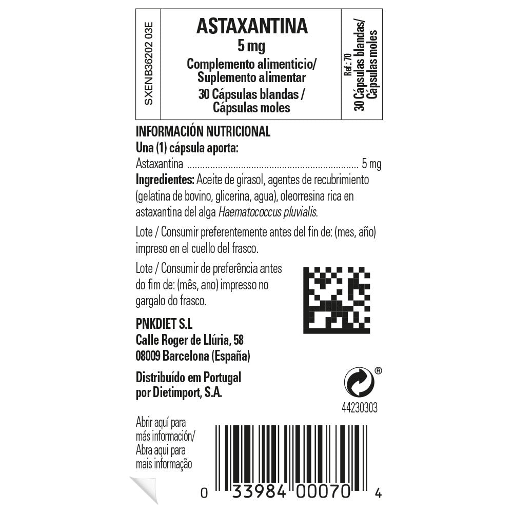 Solgar Astaxantina 5 mg, 30 cápsulas blandas: etiqueta con ingredientes y modo de empleo