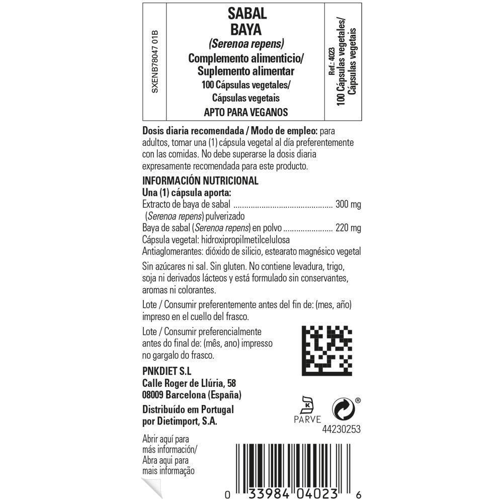 Solgar Sabal Serenoa Repens Extracto y Baya, 100 cápsulas vegetales: etiqueta con ingredientes y modo de empleo