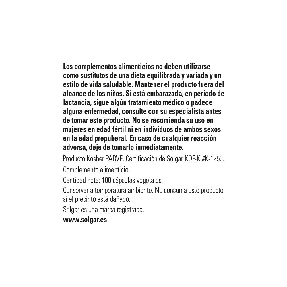 Solgar Sabal Serenoa Repens Extracto y Baya, 100 cápsulas vegetales: detalle del envase y etiquetado, vista lateral