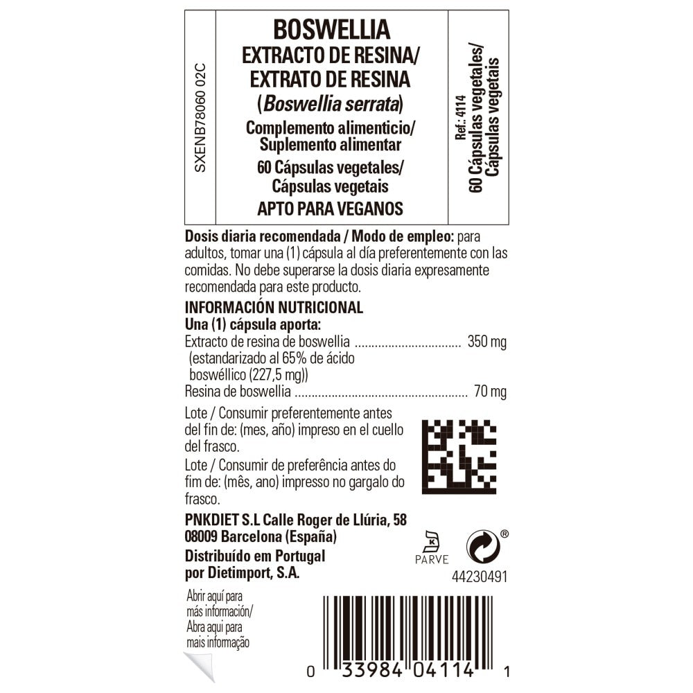 Solgar Boswellia Extracto de Resina, 60 cápsulas vegetales: etiqueta con ingredientes y modo de empleo
