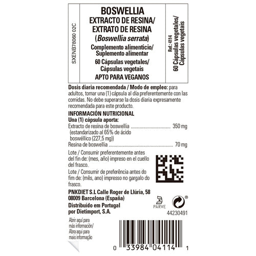 Solgar Boswellia Extracto de Resina, 60 cápsulas vegetales: etiqueta con ingredientes y modo de empleo
