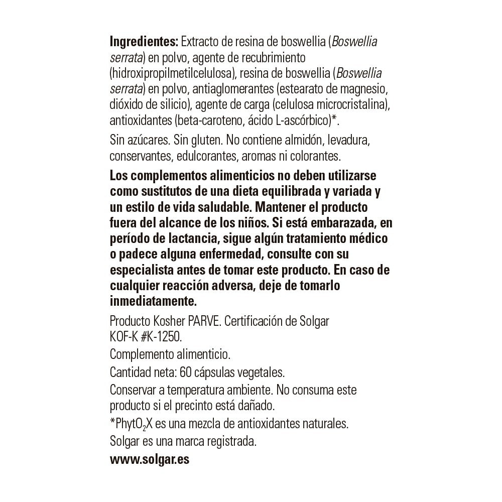 Solgar Boswellia Extracto de Resina, 60 cápsulas vegetales: detalle del envase y etiquetado, vista lateral