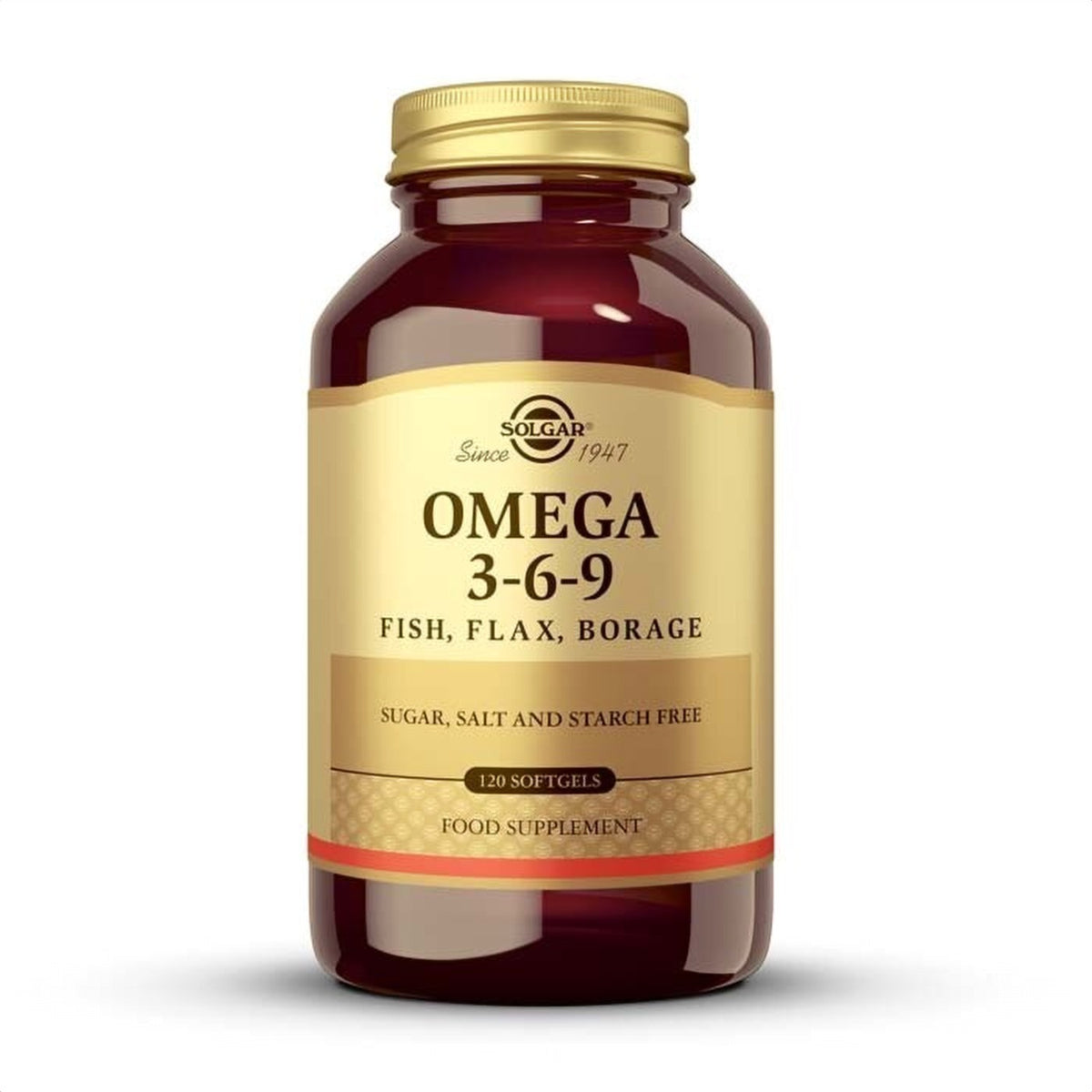 Solgar Omega 3-6-9 Aceite de Pescado, Lino y Borraja, 120 perlas: envase, vista frontal