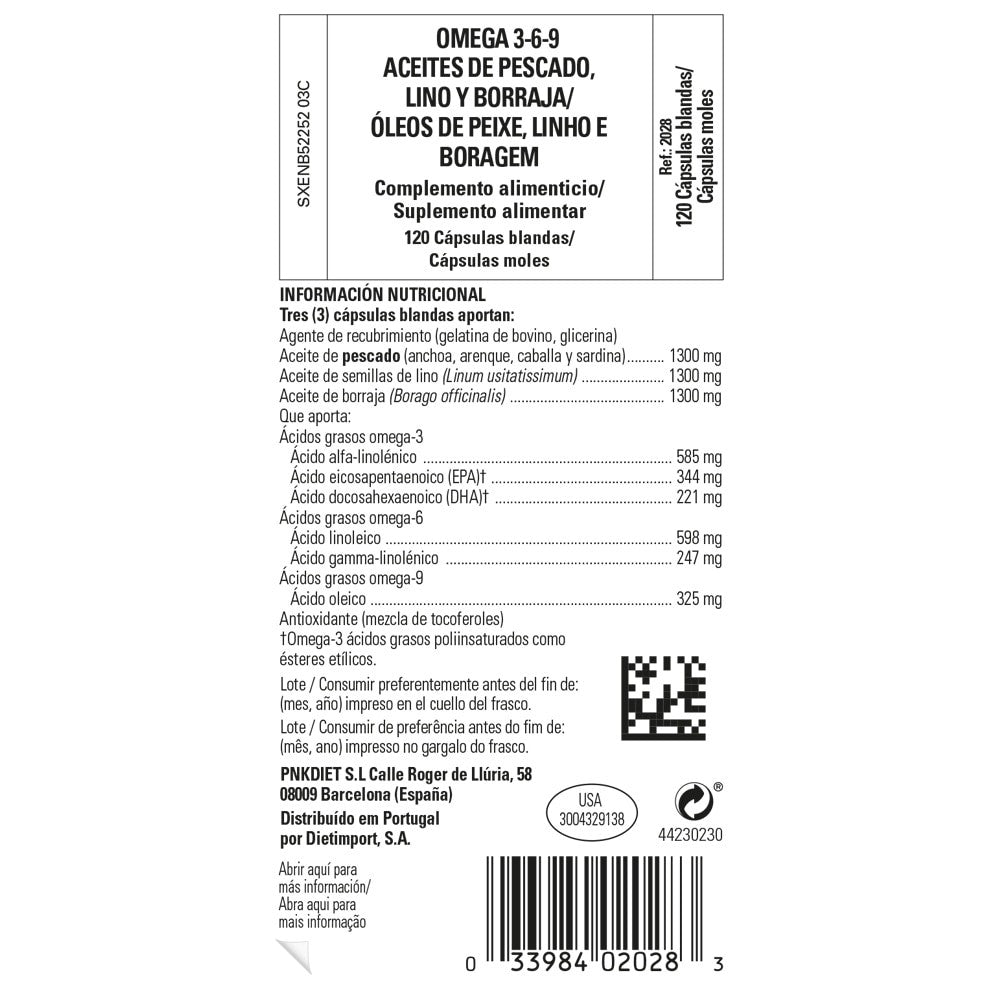 Solgar Omega 3-6-9 Aceite de Pescado, Lino y Borraja, 120 perlas: etiqueta con ingredientes y modo de empleo