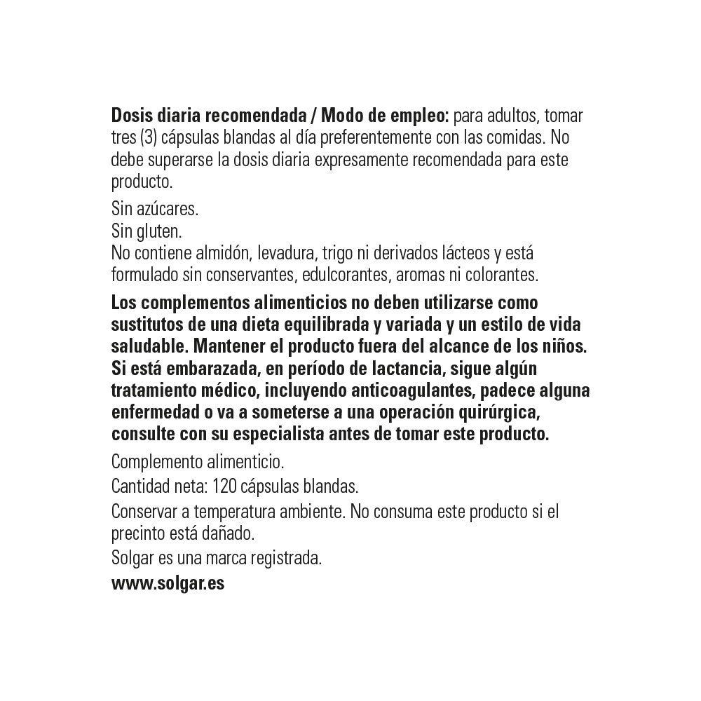 Solgar Omega 3-6-9 Aceite de Pescado, Lino y Borraja, 120 perlas: detalle del envase y etiquetado, vista lateral