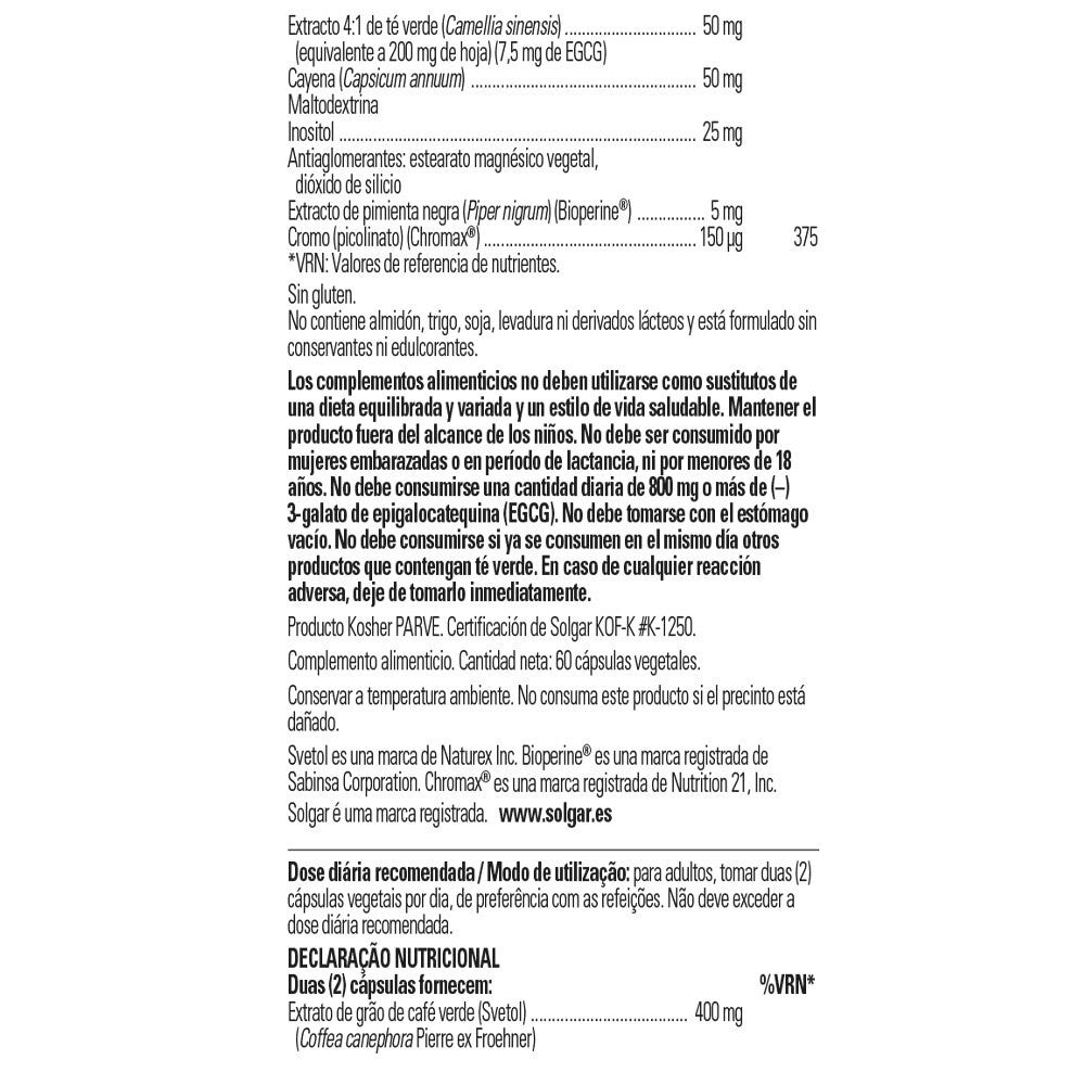 Solgar Thermogenic Complex, 60 cápsulas vegetales: detalle del envase y etiquetado, vista lateral