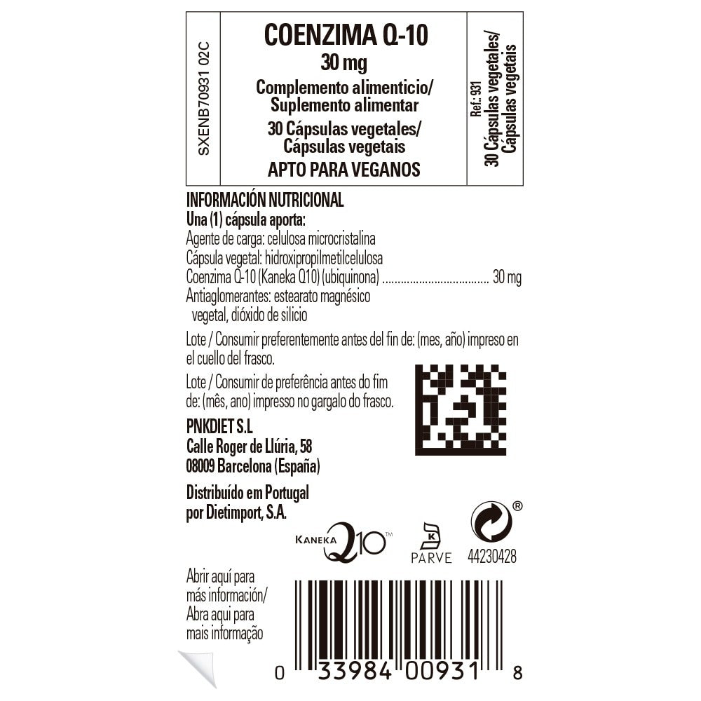 Solgar Coenzima Q-10 30 mg, 30 cápsulas vegetales: etiqueta con ingredientes y modo de empleo