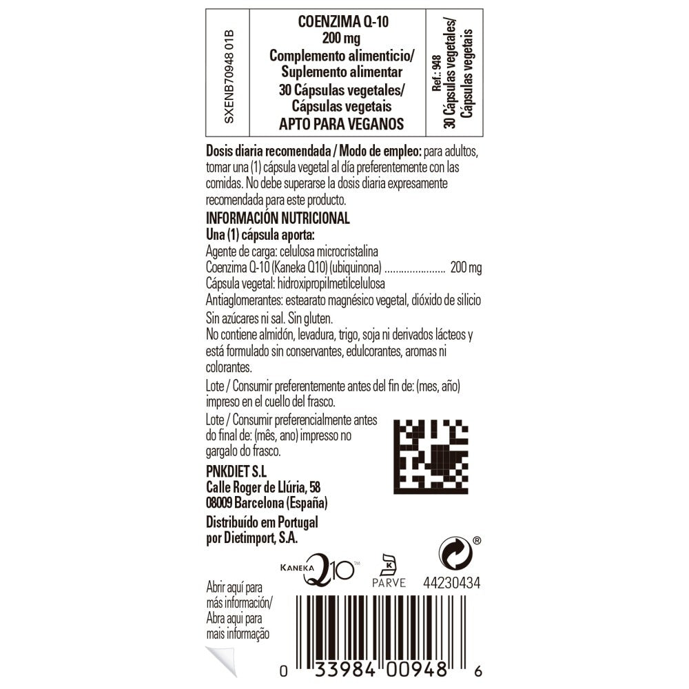Solgar Coenzima Q-10 200 mg, 30 cápsulas vegetales: etiqueta con ingredientes y modo de empleo