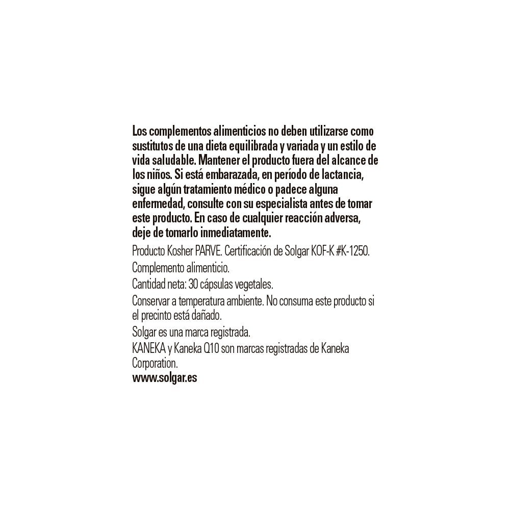 Solgar Coenzima Q-10 200 mg, 30 cápsulas vegetales: detalle del envase y etiquetado, vista lateral