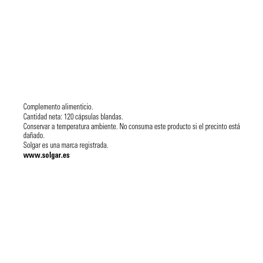 Solgar Omega-3 Alta Concentración, 120 perlas: detalle del envase y etiquetado, vista lateral