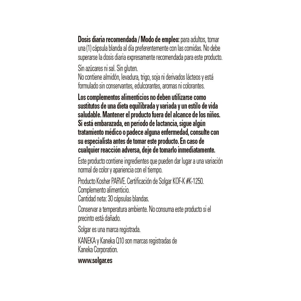 Solgar Coenzima Q-10 100 mg, 30 cápsulas blandas: detalle del envase y etiquetado, vista lateral