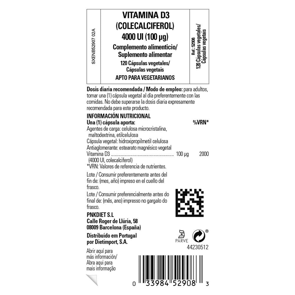 Solgar Vitamina D3 4000 UI (100 µg), 120 cápsulas vegetales: etiqueta con ingredientes y modo de empleo